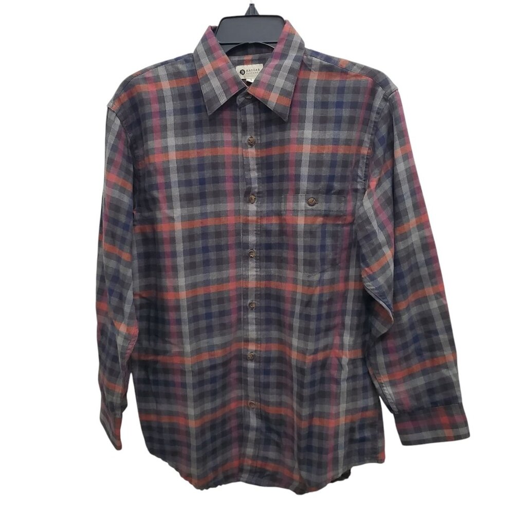 Haggar Men's Dark Multicolor Plaid Light Flannel Grunge Hipster‎ Button Front S